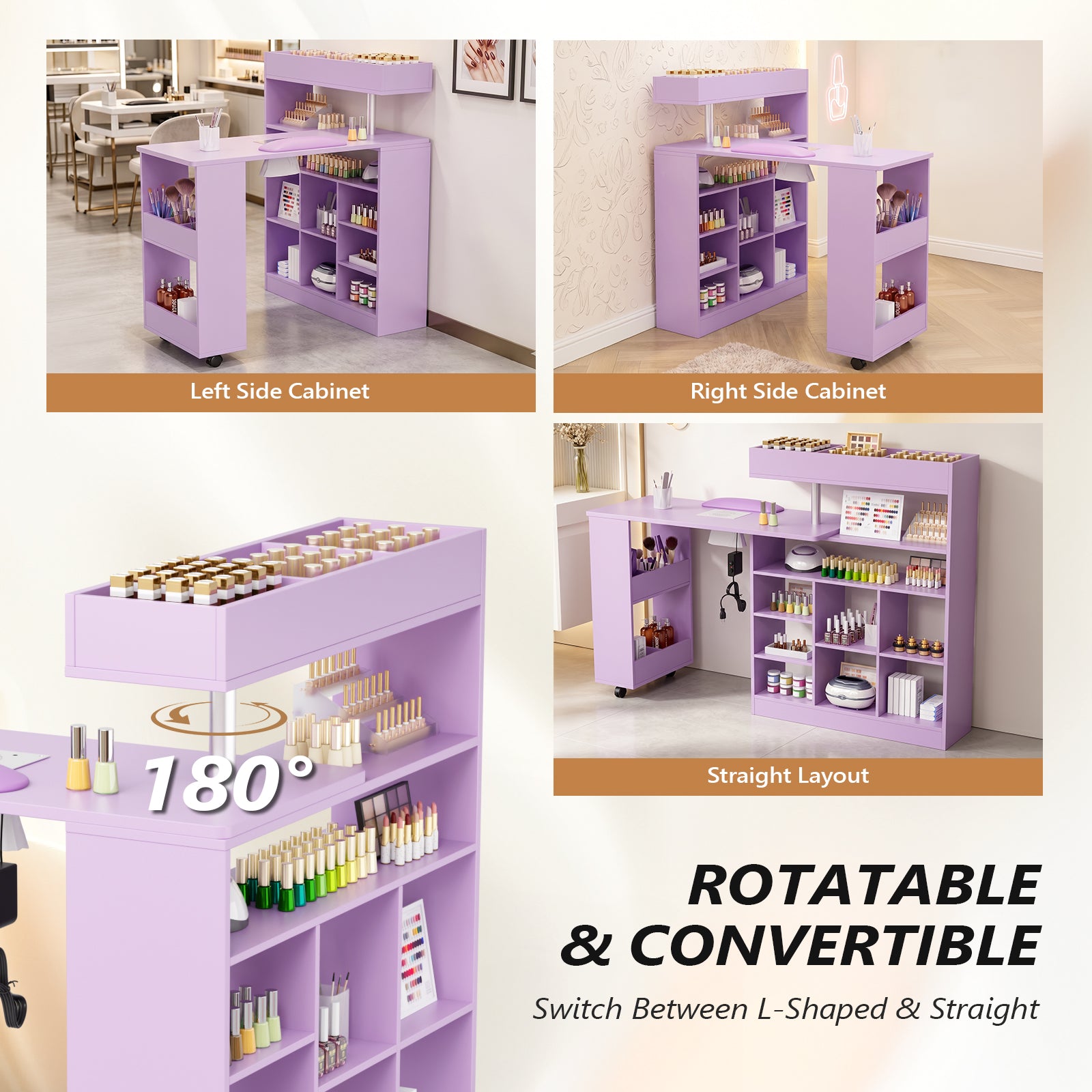 OmySalon MT-RL Rotatable L-Shaped Nail Manicure Table with Electric Dust Collector, Storage Trolley & Wrist Rest