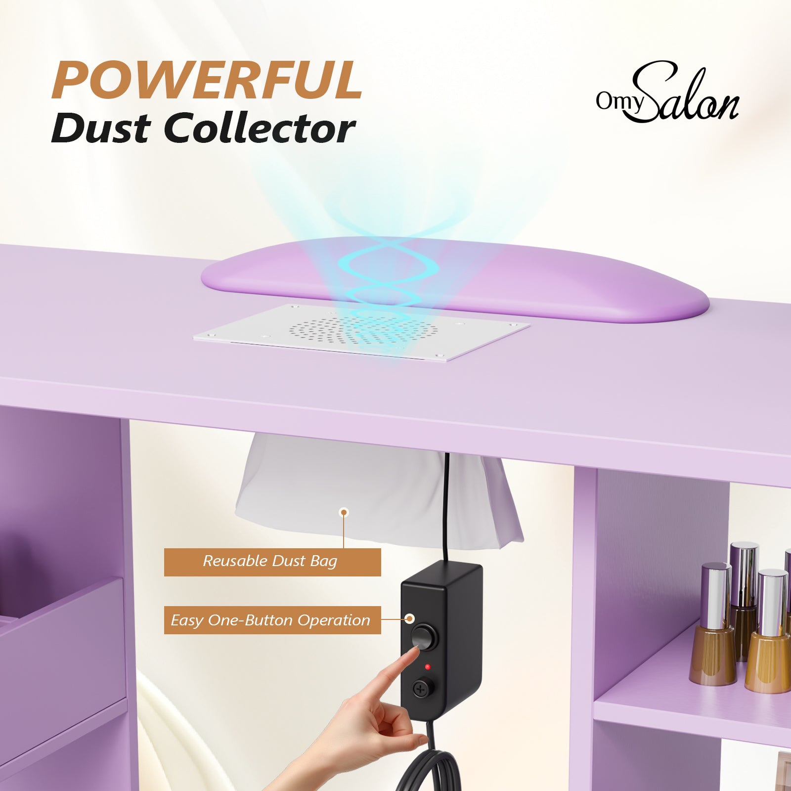 OmySalon MT-RL Rotatable L-Shaped Nail Manicure Table with Electric Dust Collector, Storage Trolley & Wrist Rest