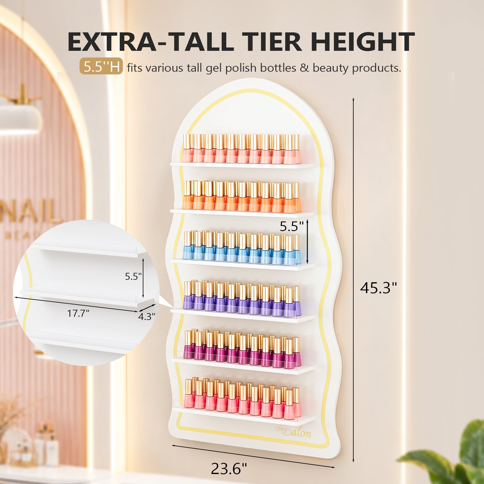 OmySalon Wall-Mounted Wavy 6-Tier Nail Polish Rack With 5.5" Extra-Tall Shelves