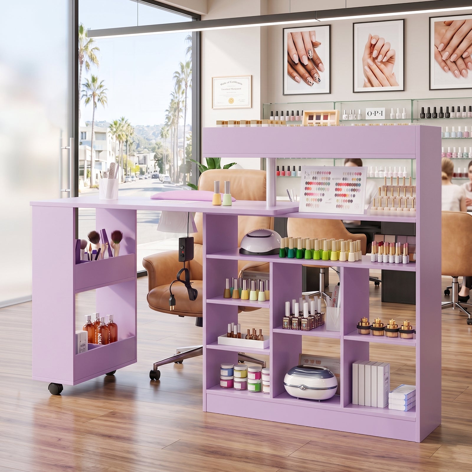 OmySalon MT-RL Rotatable L-Shaped Nail Manicure Table with Electric Dust Collector, Storage Trolley & Wrist Rest