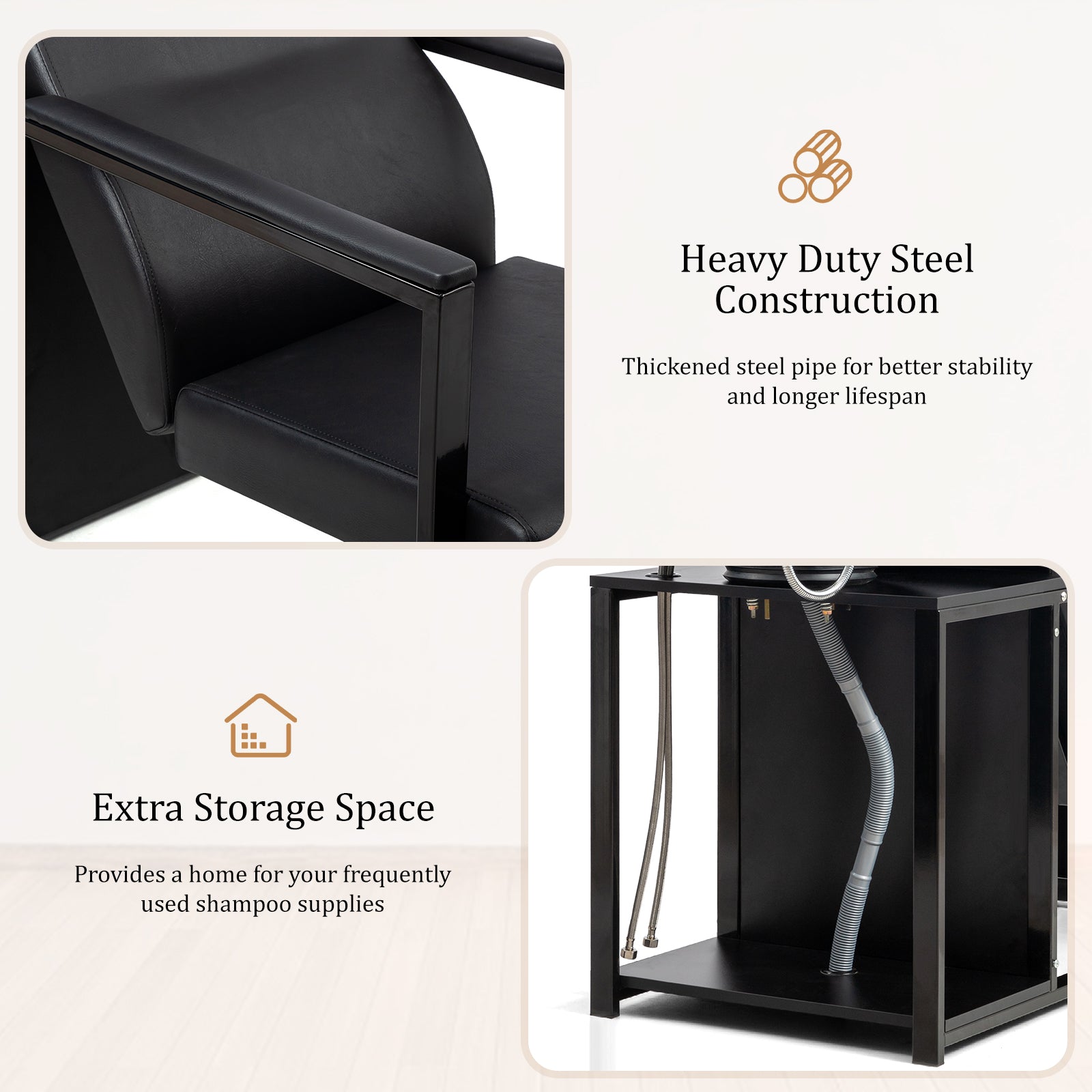 OmySalon BU2301 Salon Shampoo Backwash Chair Unit with Porcelain Bowl & Storage Shelf
