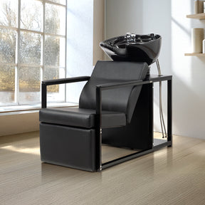OmySalon BU2301 Salon Shampoo Backwash Chair Unit with Porcelain Bowl & Storage Shelf