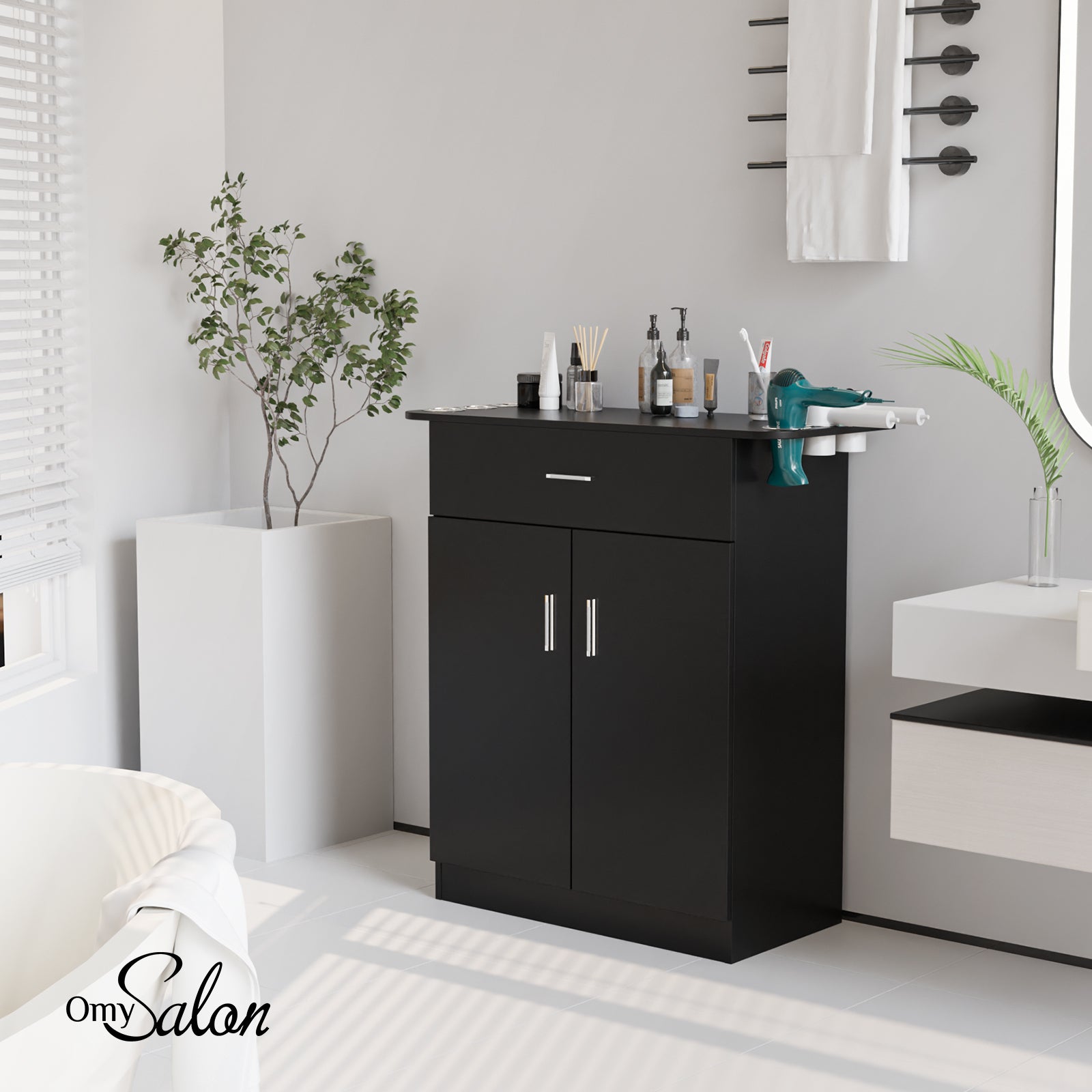 OmySalon Salon Station Cabinet Free Standing Storage Station with 1 Drawers 1 Storage Cabinet 6 Hair Dryer Holders