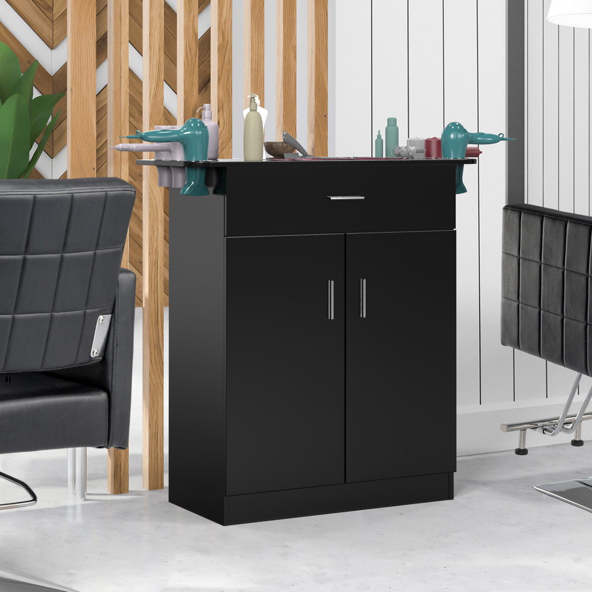 OmySalon Salon Station Cabinet Free Standing Storage Station with 1 Drawers 1 Storage Cabinet 6 Hair Dryer Holders