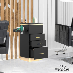 OmySalon Barber Salon Storage Station with 3 Drawers 1 Storage Basin 3 Hair Dryer Holders Black/White