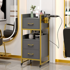 OmySalon WSCTD Wooden Mobile Salon Trolley Cart w/Wheels & 3 Drawers 2 Open Shelves 2 Tool Holders
