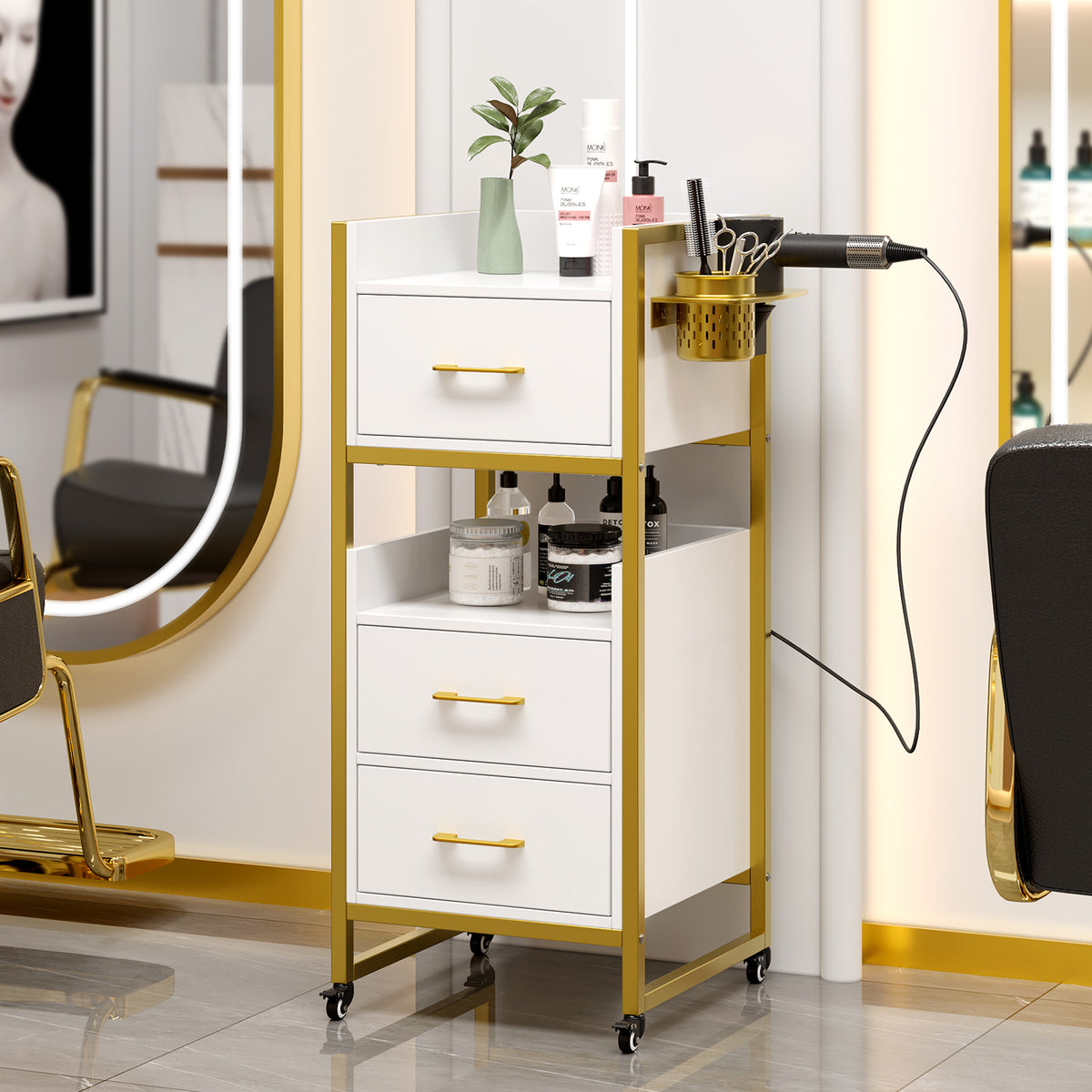 OmySalon WSCTD Wooden Mobile Salon Trolley Cart w/Wheels & 3 Drawers 2 Open Shelves 2 Tool Holders