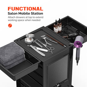 OmySalon Rolling Salon Trolley Cart w/Wheels & 2 Lockable Doors 4 Drawers 2 Buckets 1 Dryer Holder