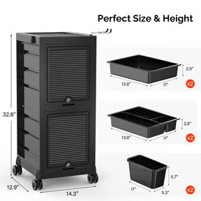 OmySalon Rolling Salon Trolley Cart w/Wheels & 2 Lockable Doors 4 Drawers 2 Buckets 1 Dryer Holder