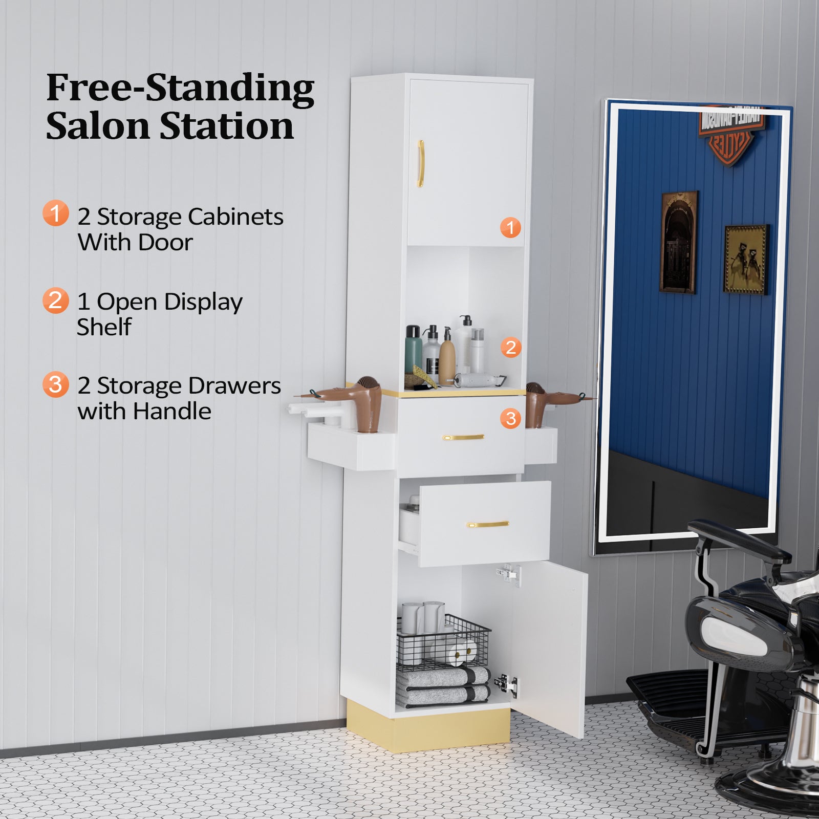 OmySalon Barber Storage Station Salon Cabinet with 2 Drawers 2 Storage Cabinet 6 Hair Dryer Holders Black/White
