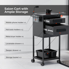 OmySalon ST1901 Metal Rolling Salon Trolley Cart w/2 Lockable Drawers 2 Magnetic Bowls 2 Storage Baskets