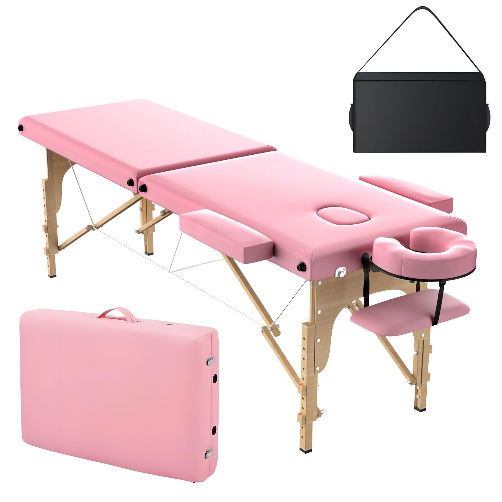 OmySalon 2FBW 84in 2-Fold Portable Physical Therapy Massage Table with Carrying Bag, Face Cradle & Wooden Frame