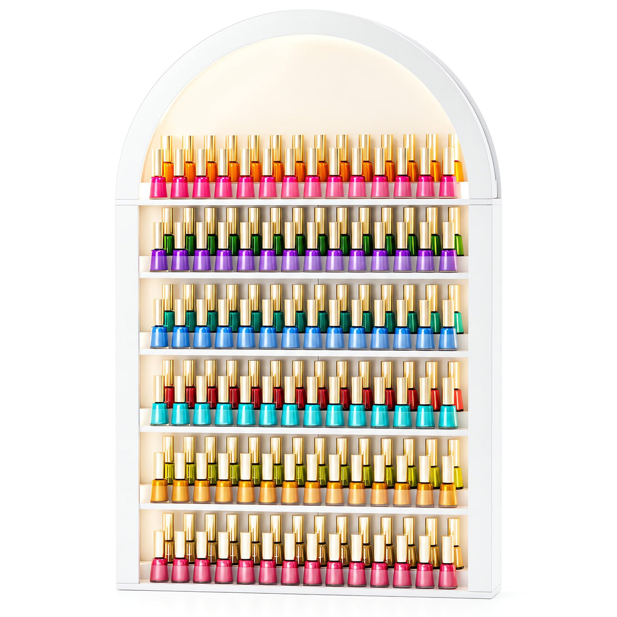 OmySalon Wall-Mounted Double 6-Tier Arched Nail Polish Organizer Rack With Led Lighting