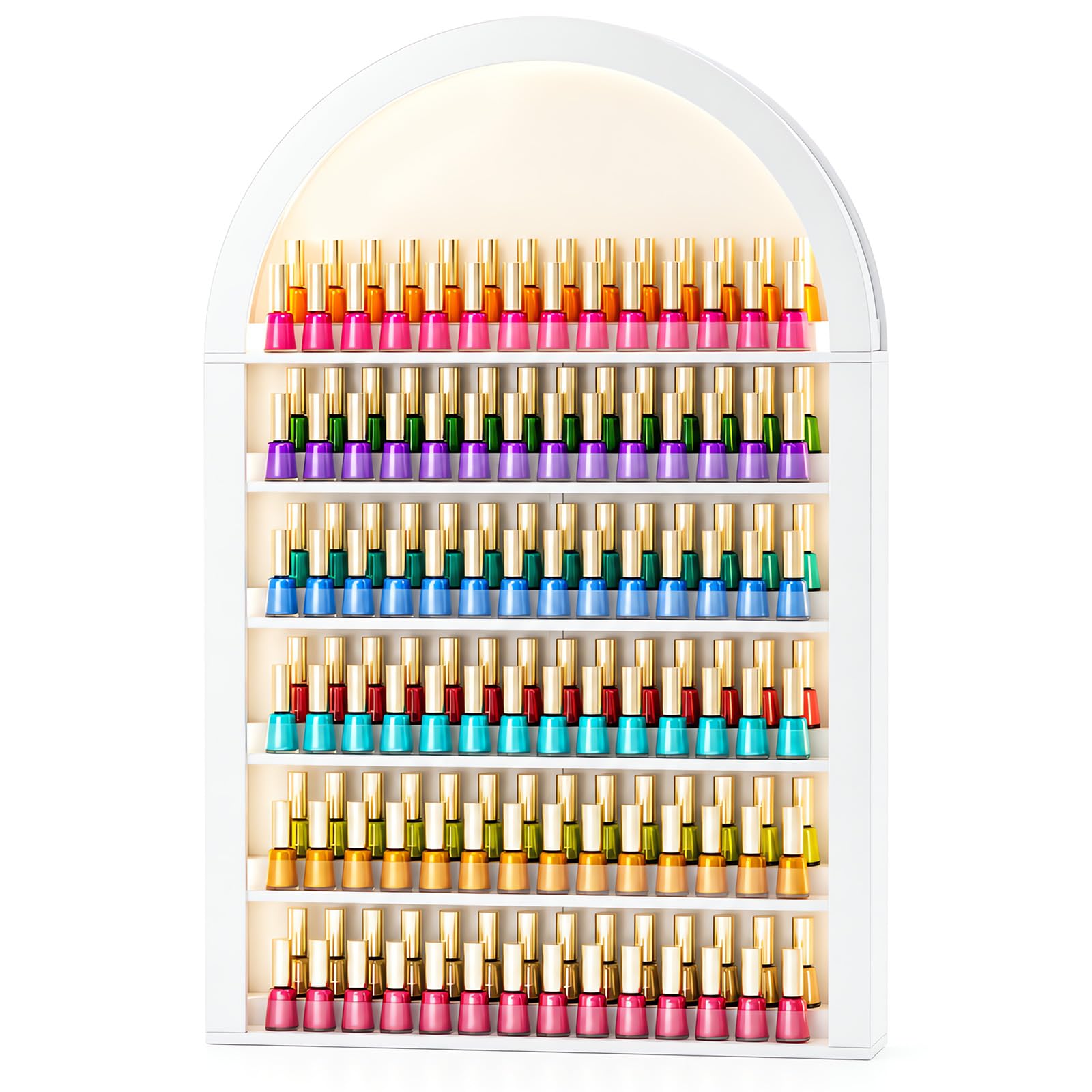 OmySalon Wall-Mounted Double 6-Tier Arched Nail Polish Organizer Rack With Led Lighting