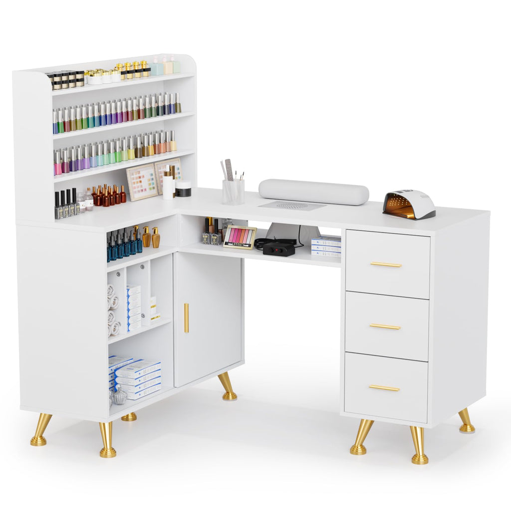 MT-LS 52" L Shaped Nail Manicure Table w/Polish Display Rack & Electric Dust Collector & Wrist Rest