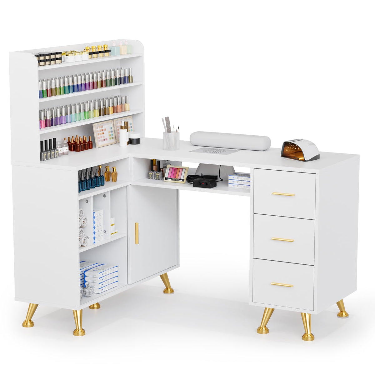 OmySalon MT-LS 52" L Shaped Nail Manicure Table w/Polish Display Rack & Electric Dust Collector & Wrist Rest