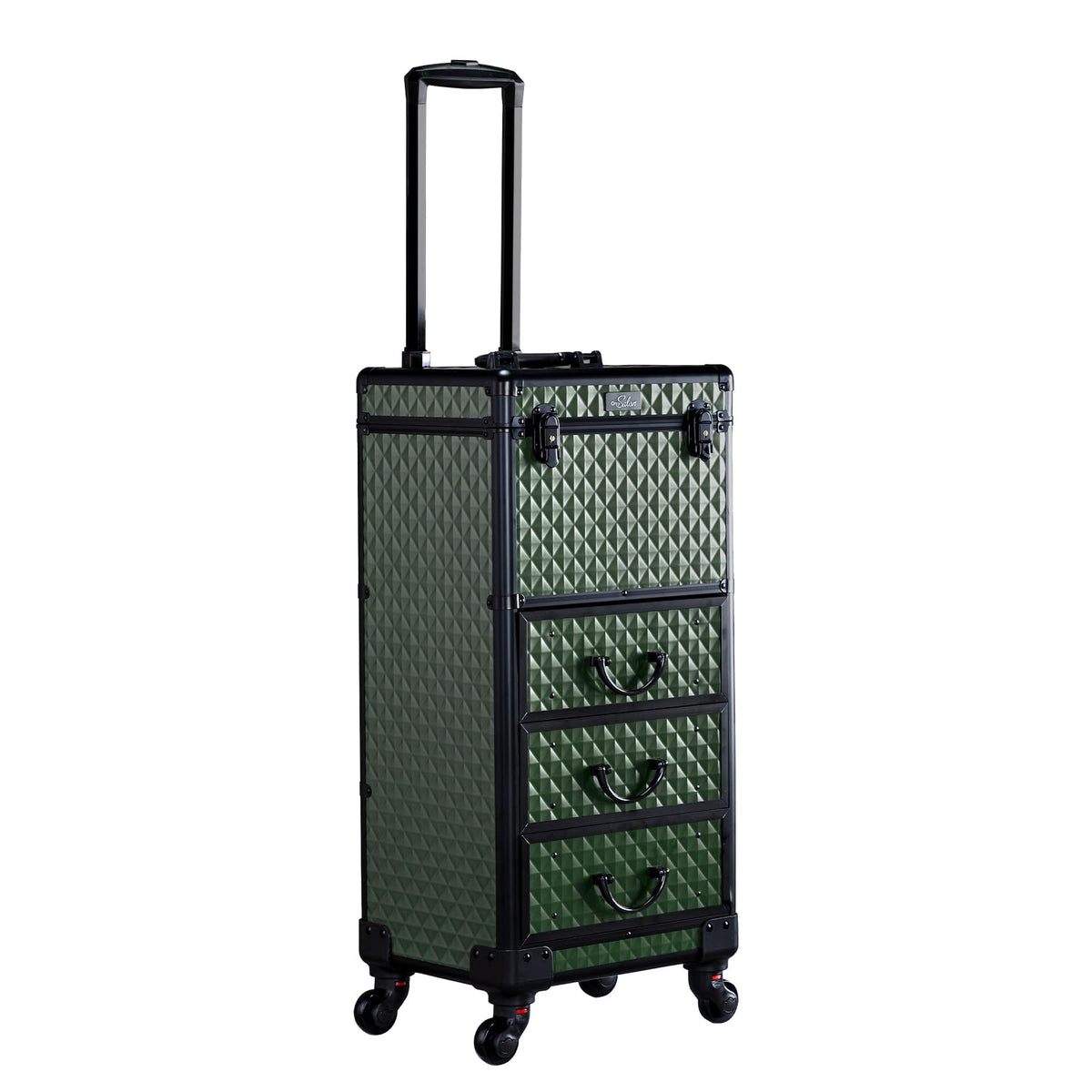 OmySalon Diamond Pattern Aluminum Lockable Rolling Makeup Train Case With 3 Drawers