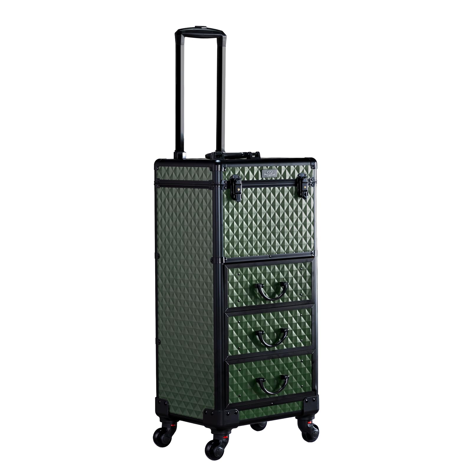 OmySalon Diamond Pattern Aluminum Lockable Rolling Makeup Train Case With 3 Drawers