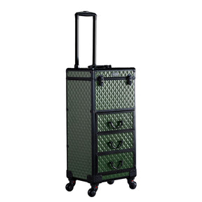 OmySalon Diamond Pattern Aluminum Lockable Rolling Makeup Train Case With 3 Drawers