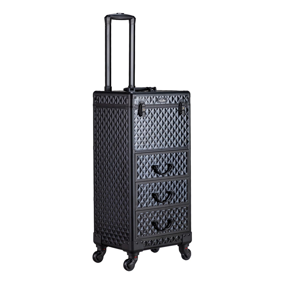 OmySalon Diamond Pattern Aluminum Lockable Rolling Makeup Train Case With 3 Drawers
