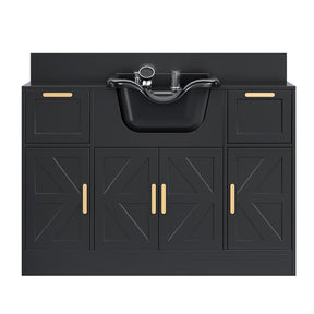 Omysalon SCWSB Freestanding Salon Wet Cabinet Station with Storage Drawers, Shampoo Bowl & Geometric Finish