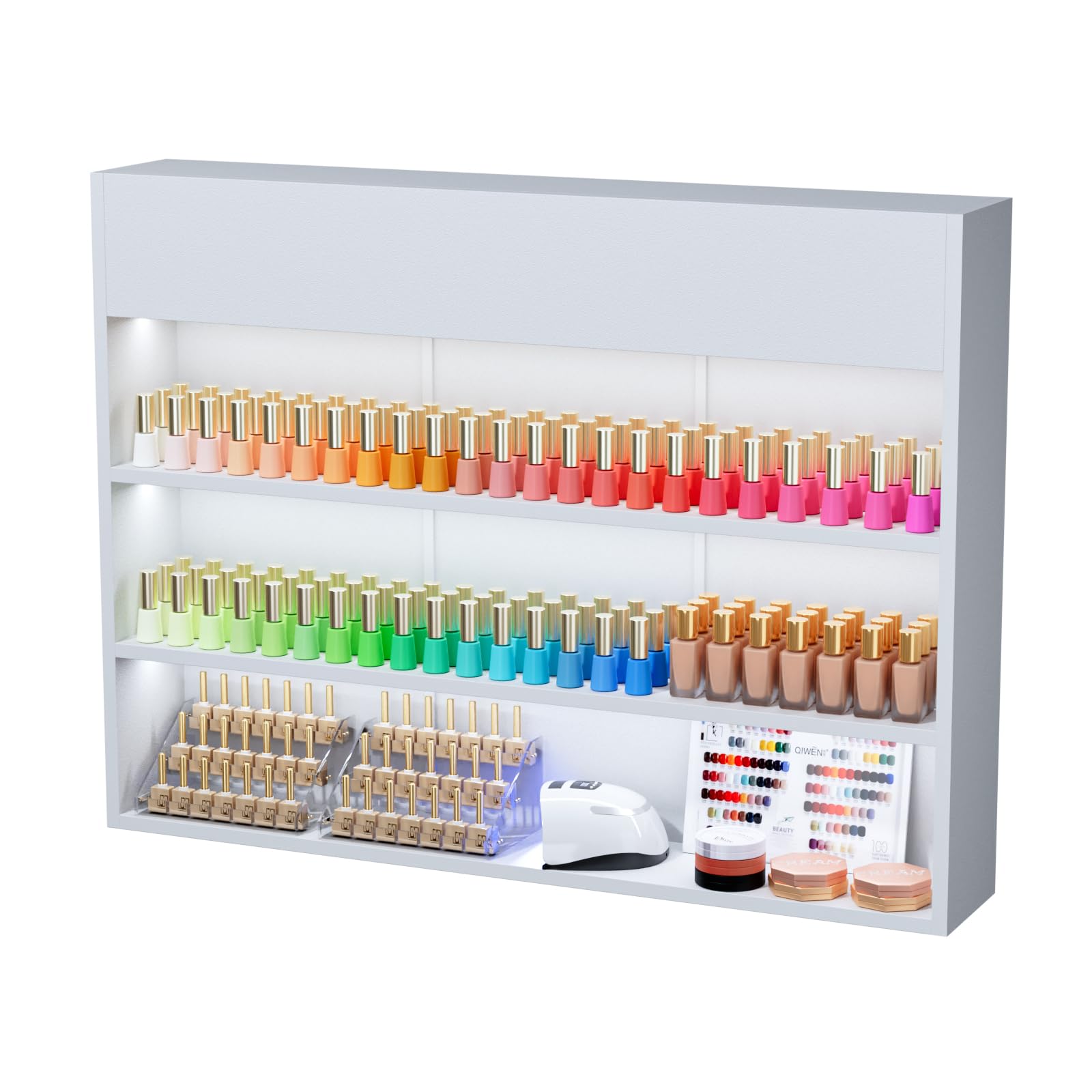 OmySalon 3-Tier Wall Mount LED Wooden Nail Polish Organizer Shelf with USB Touch Control