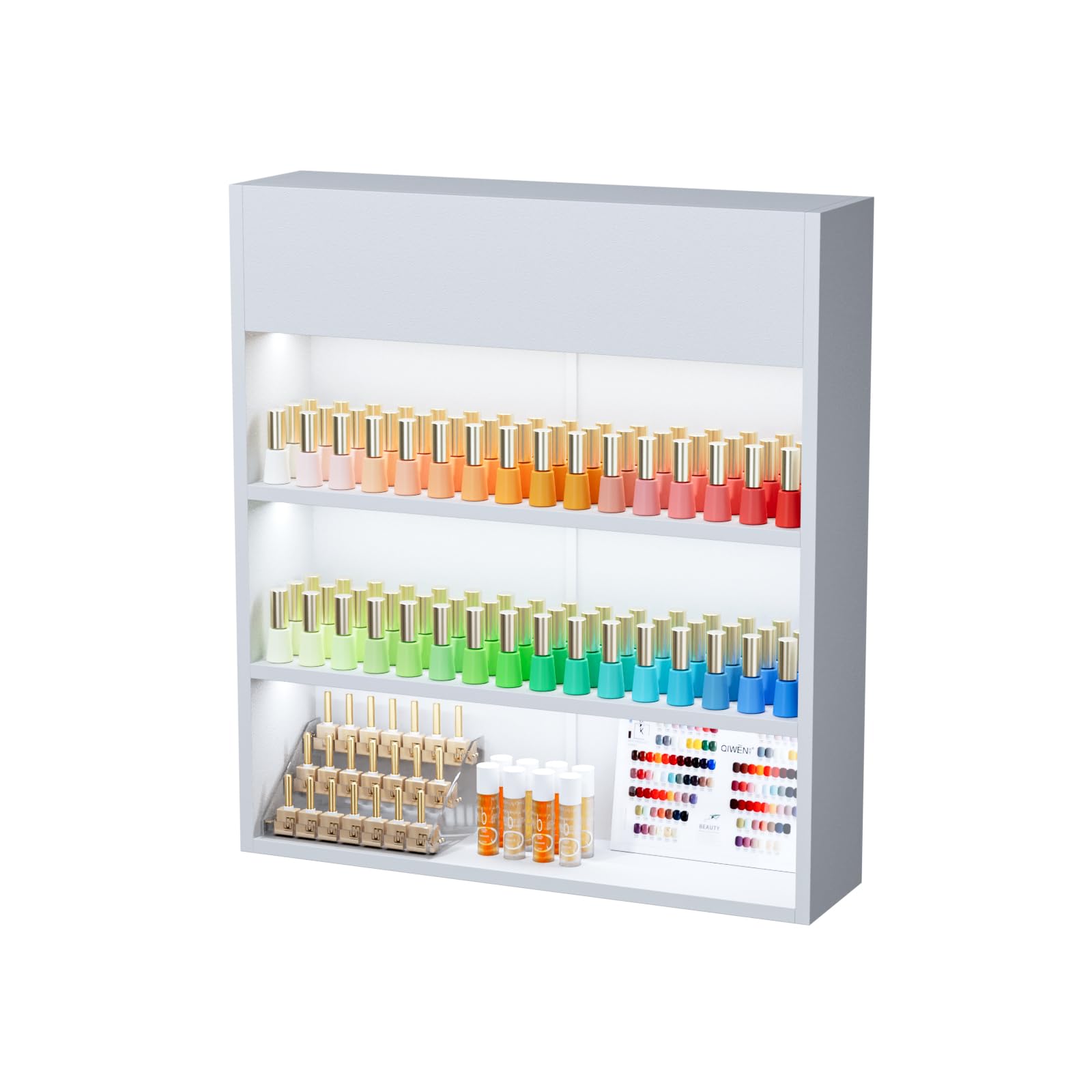 OmySalon 3-Tier Wall Mount LED Wooden Nail Polish Organizer Shelf with USB Touch Control