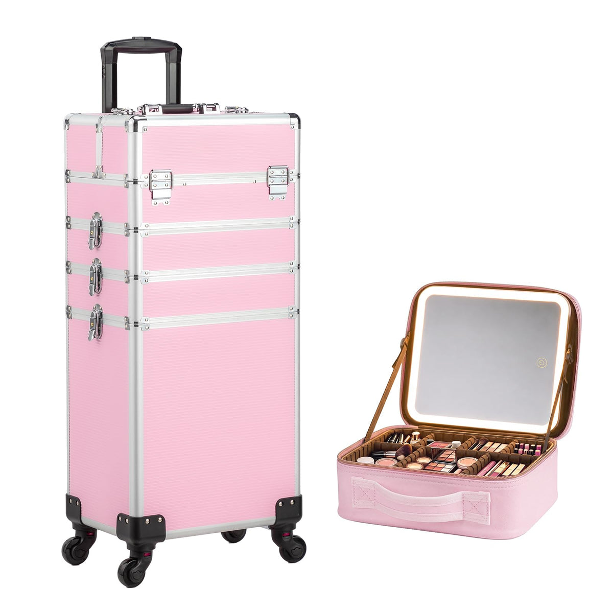 Omysalon MCA401 4-in-1 Aluminum Lockable Rolling Makeup Cosmetic Organizer Train Case