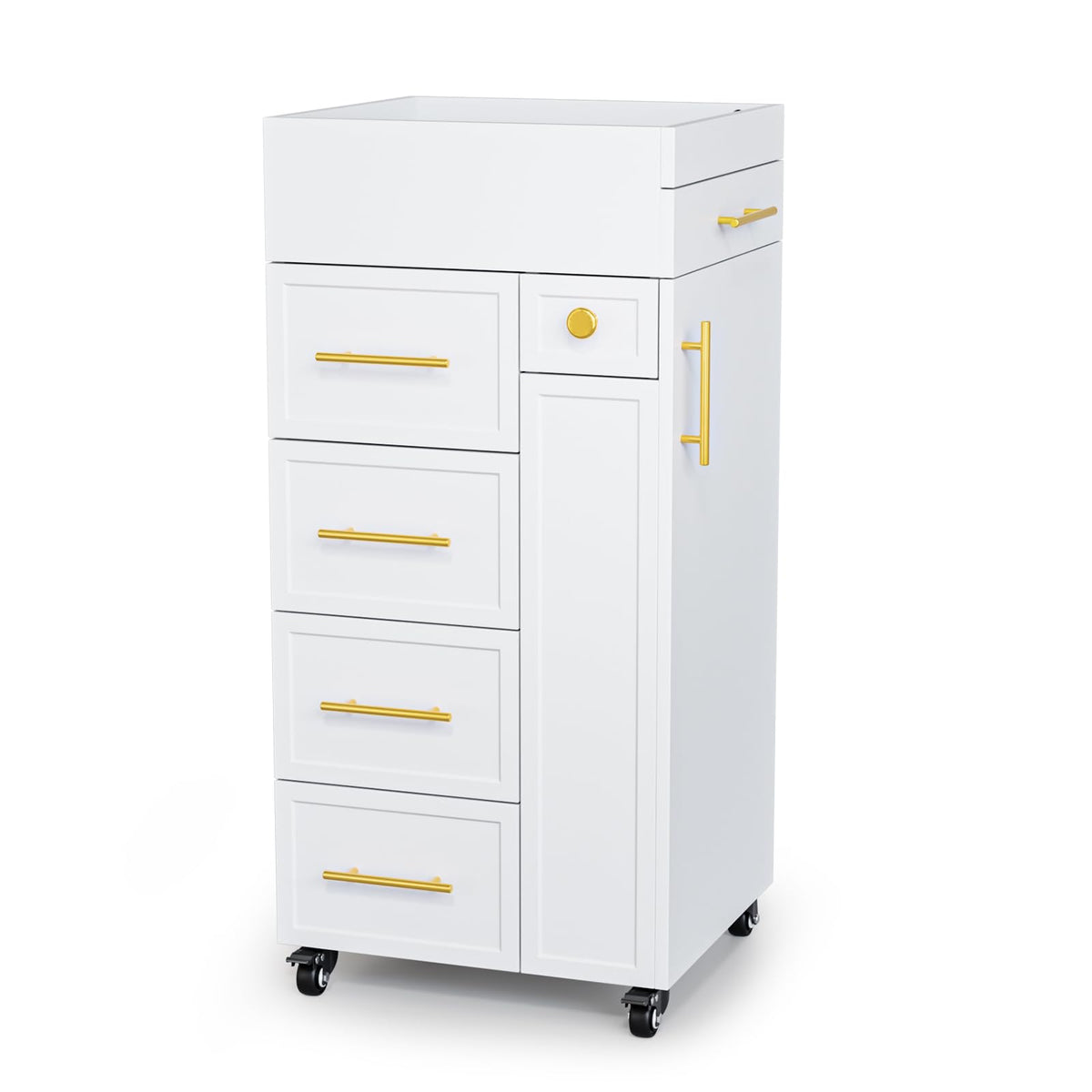 OmySalon SCFD Wooden Mobile Salon Trolley Cart w/Wheels & 5 Drawers 1 Cabinet 3 Tool Holders