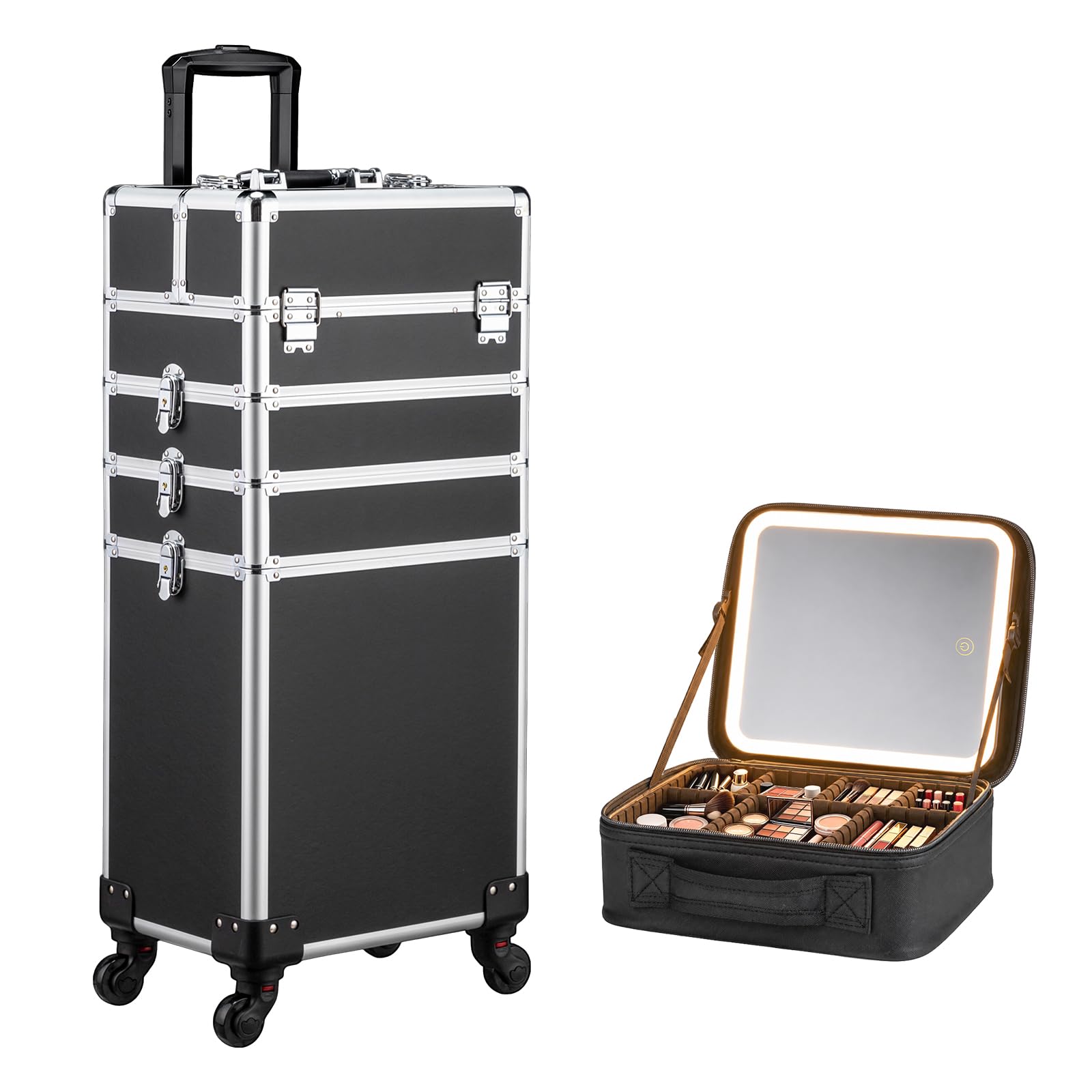 Omysalon MCA401 4-in-1 Aluminum Lockable Rolling Makeup Cosmetic Organizer Train Case