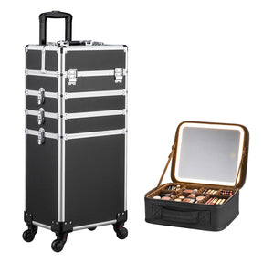 Omysalon MCA401 4-in-1 Aluminum Lockable Rolling Makeup Cosmetic Organizer Train Case