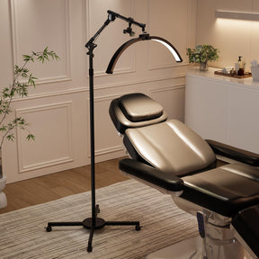 OmySalon Height Adjustable Shadowless Half Moon LED Floor Lamp with 3000-6500K Adjustable Color Temperature, Stepless Dimming & Phone Holder