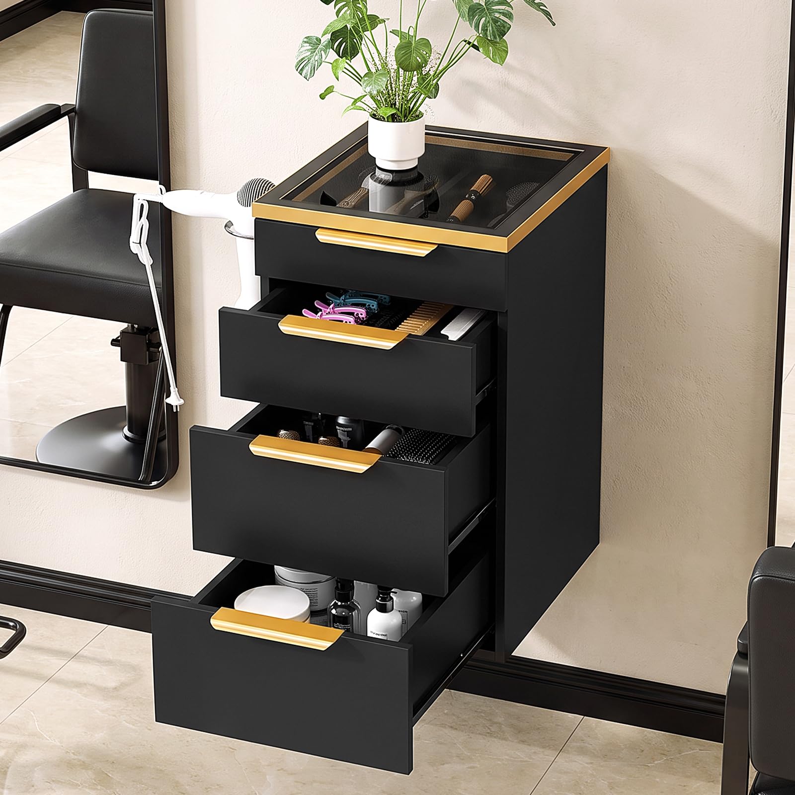 OmySalon WMBCWT Wall Mounted Salon Station with Tempered Glass Top & 4 Drawers Hair Dryer Holder