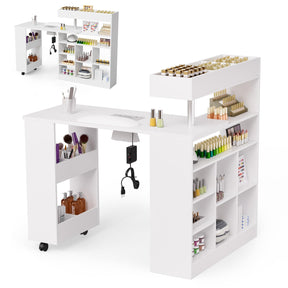 OmySalon MT-RL Rotatable L-Shaped Nail Manicure Table with Electric Dust Collector, Storage Trolley & Wrist Rest