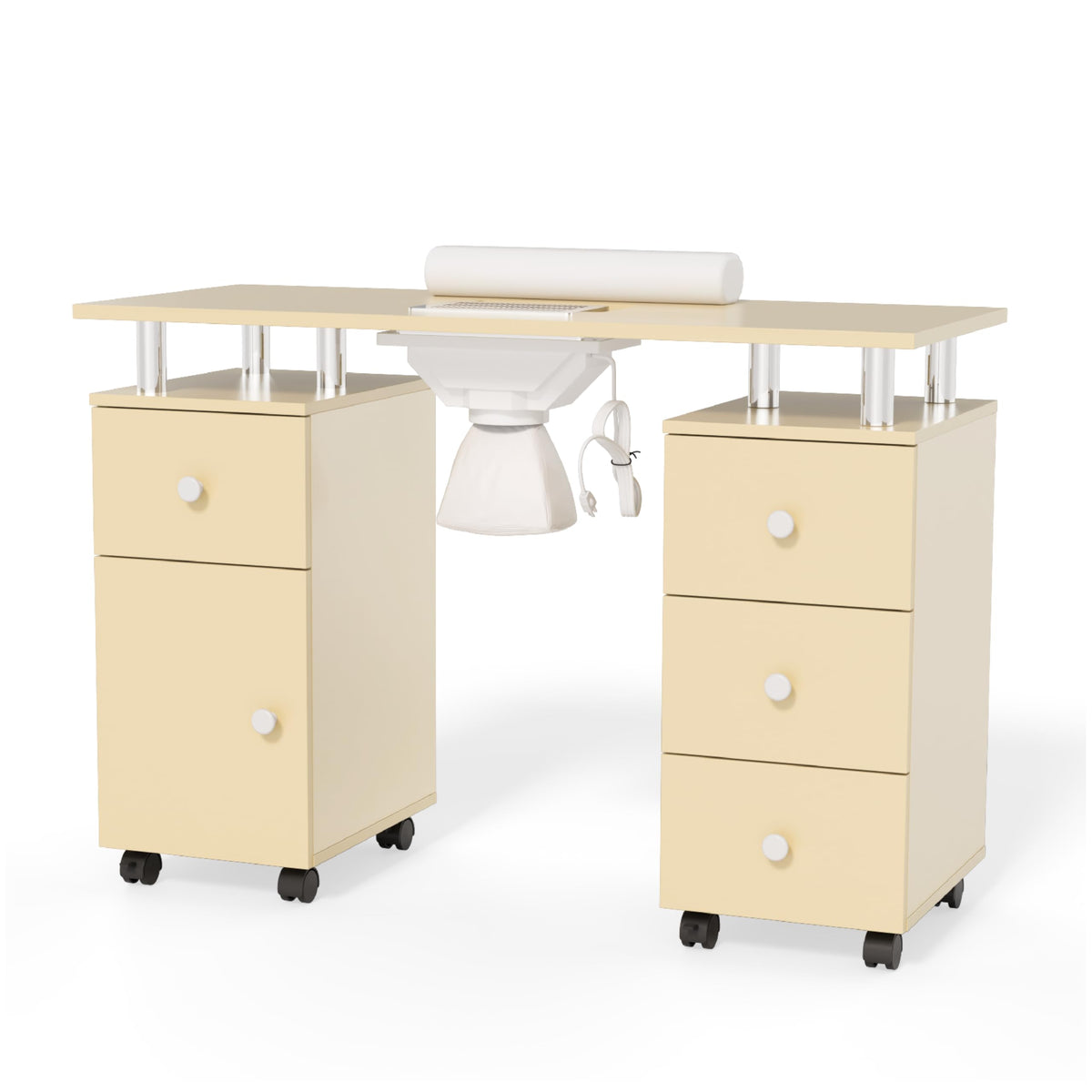 Omysalon MT-DC Nail Manicure Table w/Electric Dust Collector & Wrist Rest & 2 Open Spaces 1 Side Cabinet 4 Drawers