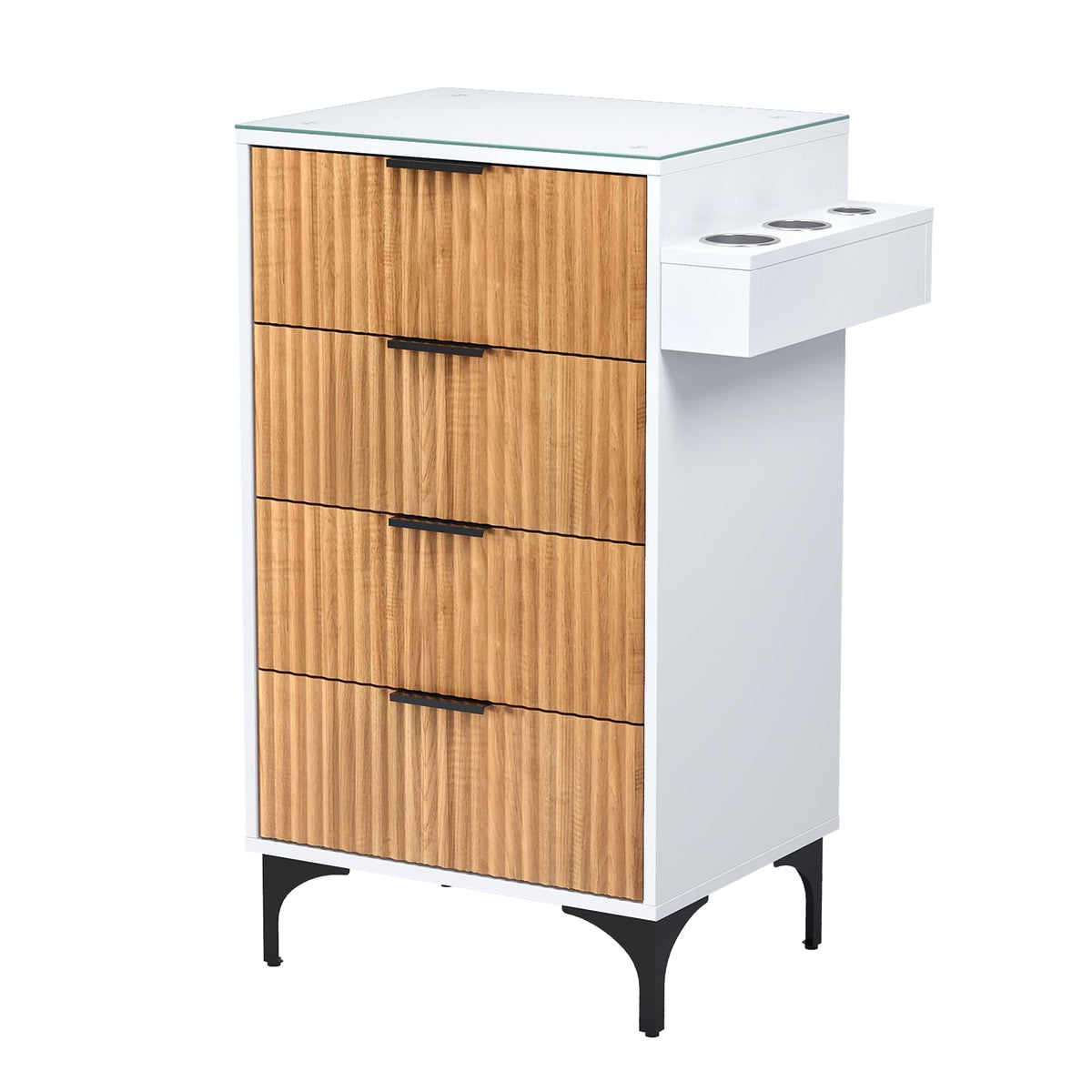 OmySalon SCWFD Modern Retro Style Salon Styling Storage Station Cabinet with Removable Glass Top & 4 Drawers 3 Hot Tool Holders