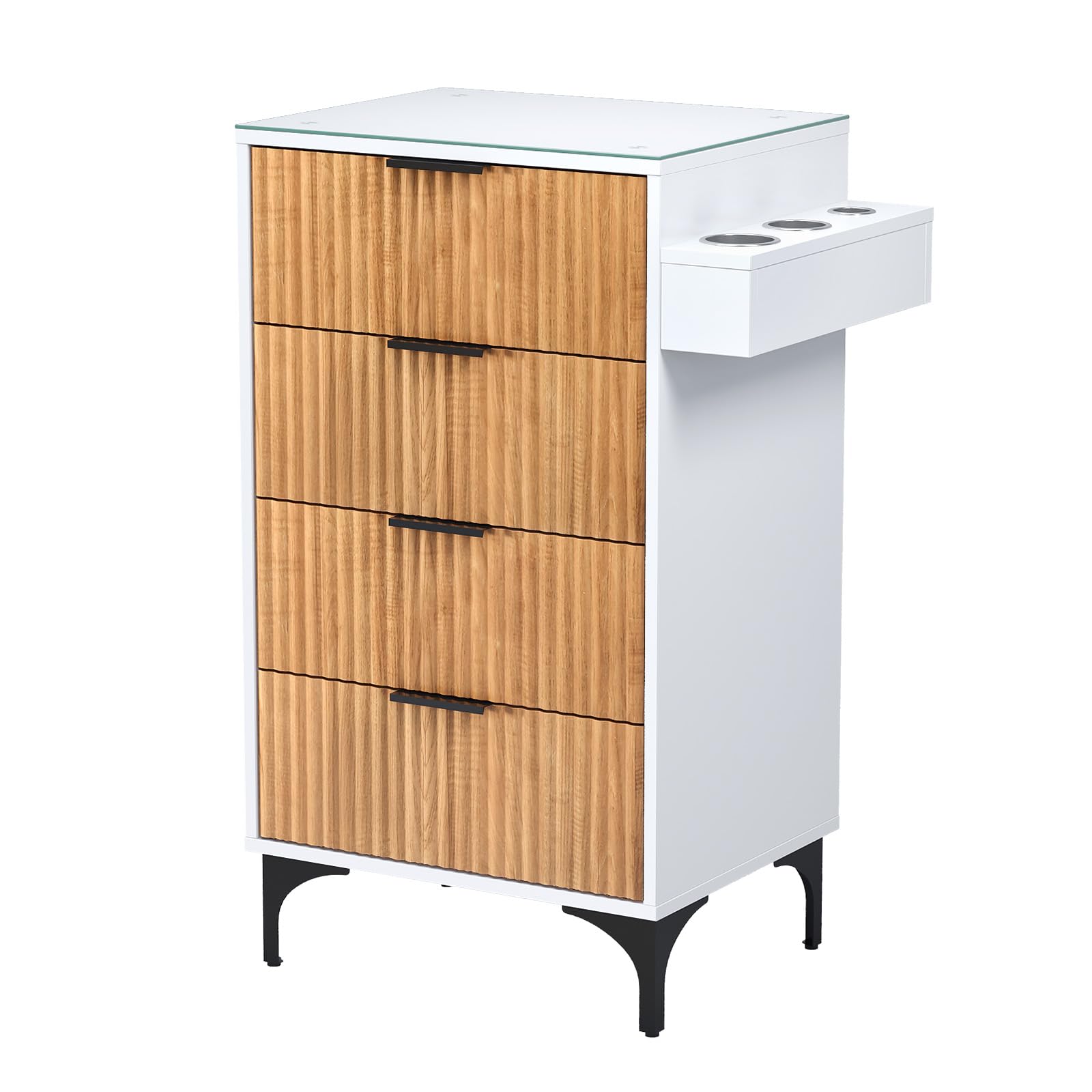 OmySalon SCWFD Modern Retro Style Salon Styling Storage Station Cabinet with Removable Glass Top & 4 Drawers 3 Hot Tool Holders