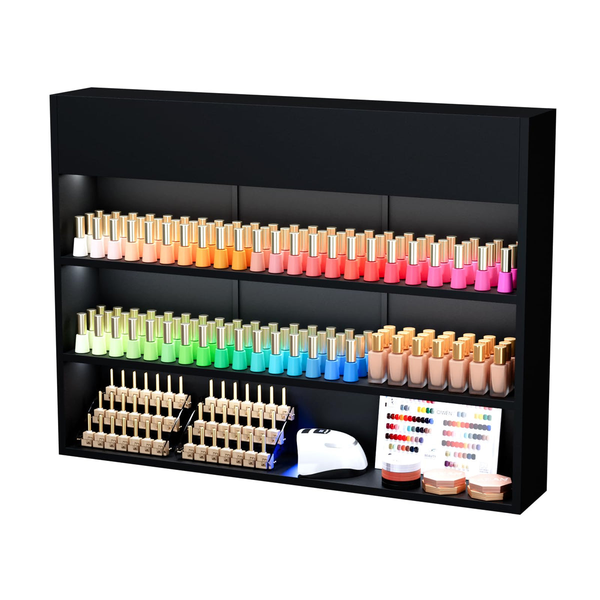 OmySalon 3-Tier Wall Mount LED Wooden Nail Polish Organizer Shelf with USB Touch Control