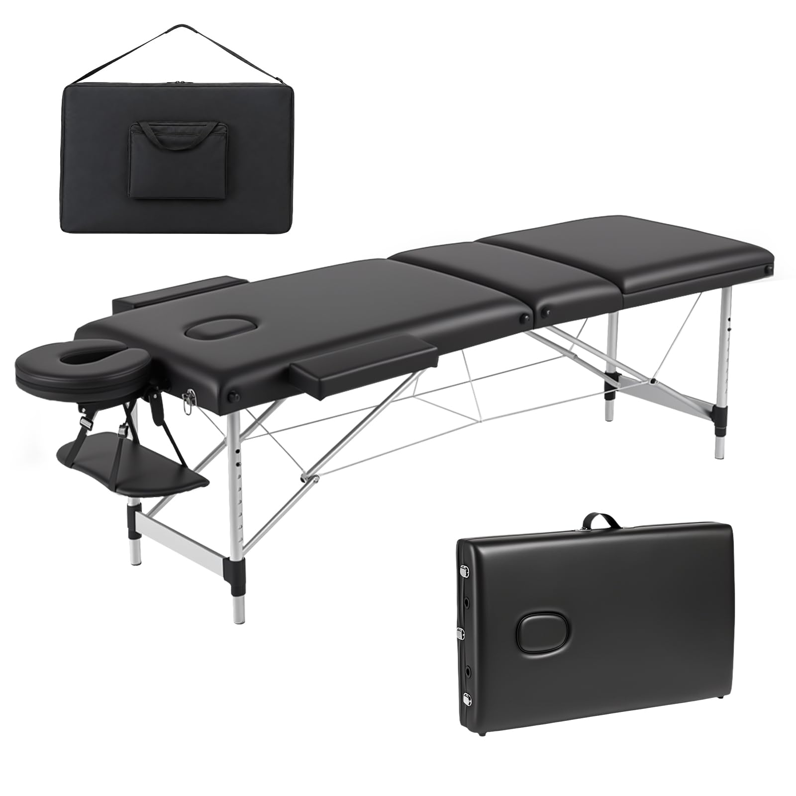 OmySalon FA-MB 84in Portable Height-Adjustable Physical Therapy Massage Table with Aluminum Frame, Face Cradle & Carrying Bag