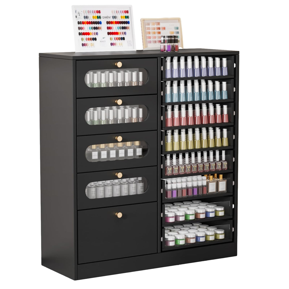 OmySalon 32" L Floor-Standing Nail Polish & Powder Organizer Cabinet with 8 Clear & 4 Visual Drawers