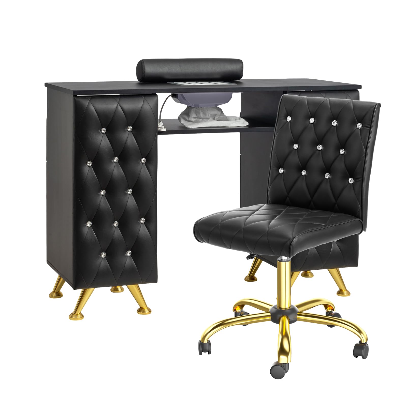 OmySalon MT-SC Nail Manicure Table w/Electric Dust Collector & Wrist Rest & Diamond Decoration