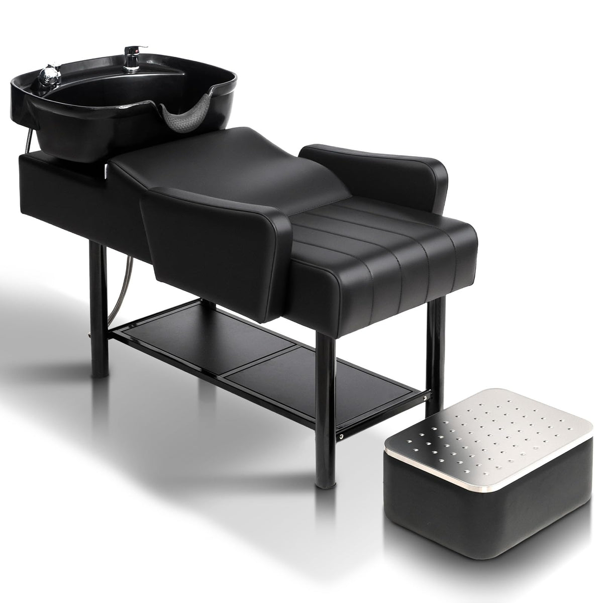 OmySalon BU2501 Salon Shampoo Backwash Unit with ABS Plastic Bowl & Storage Shelf & Freestanding Ottoman