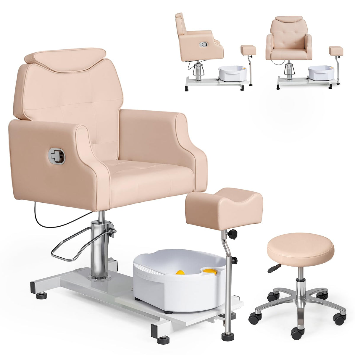 OmySalon PCM-WB 360° Rotation Hydraulic Pedicure Chair with Bubble Massage Foot Bath & Rolling Stool