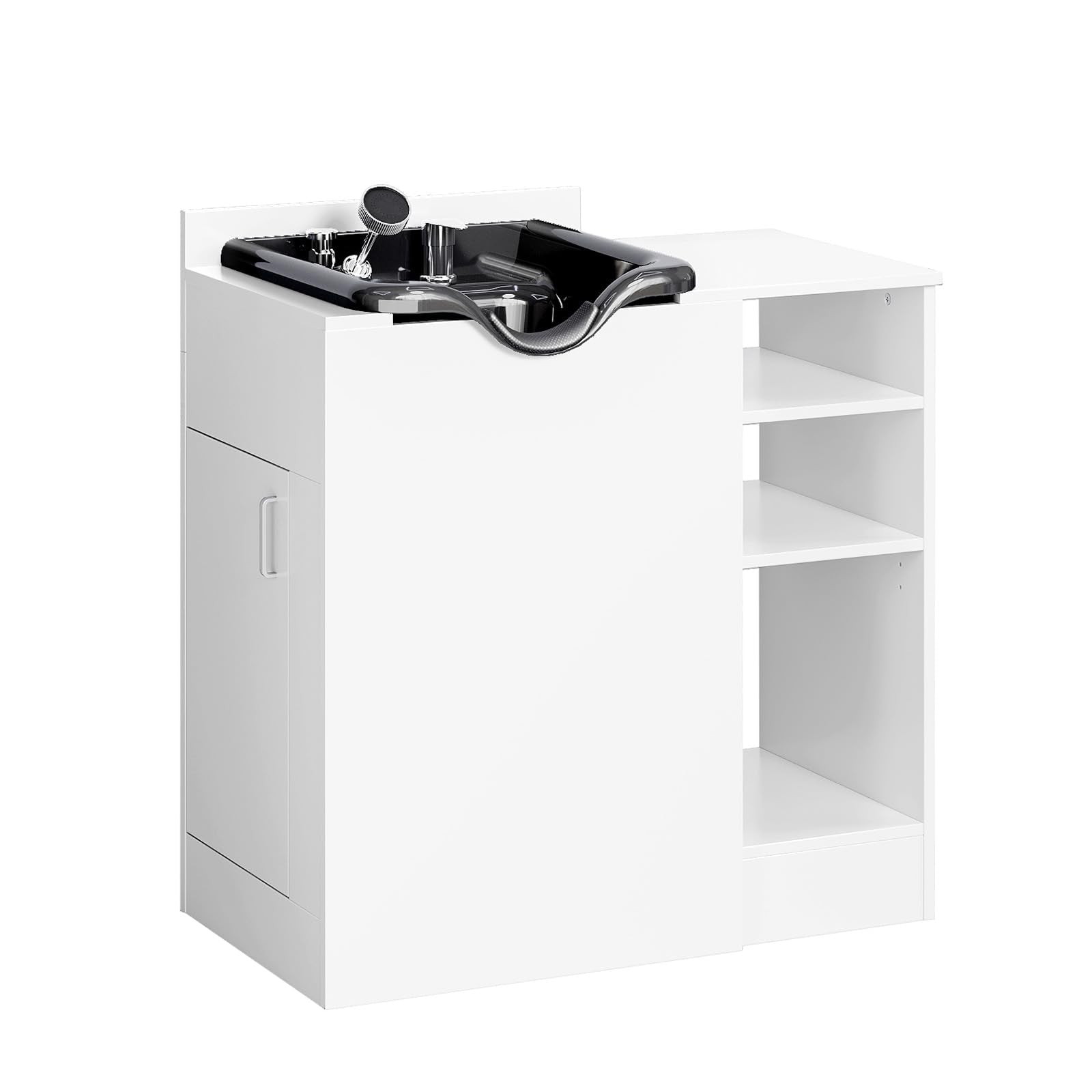 Omysalon HWCOC Salon Wet Cabinet Station with Shampoo Bowl & Adjustable Shelves & Sprayer Faucet