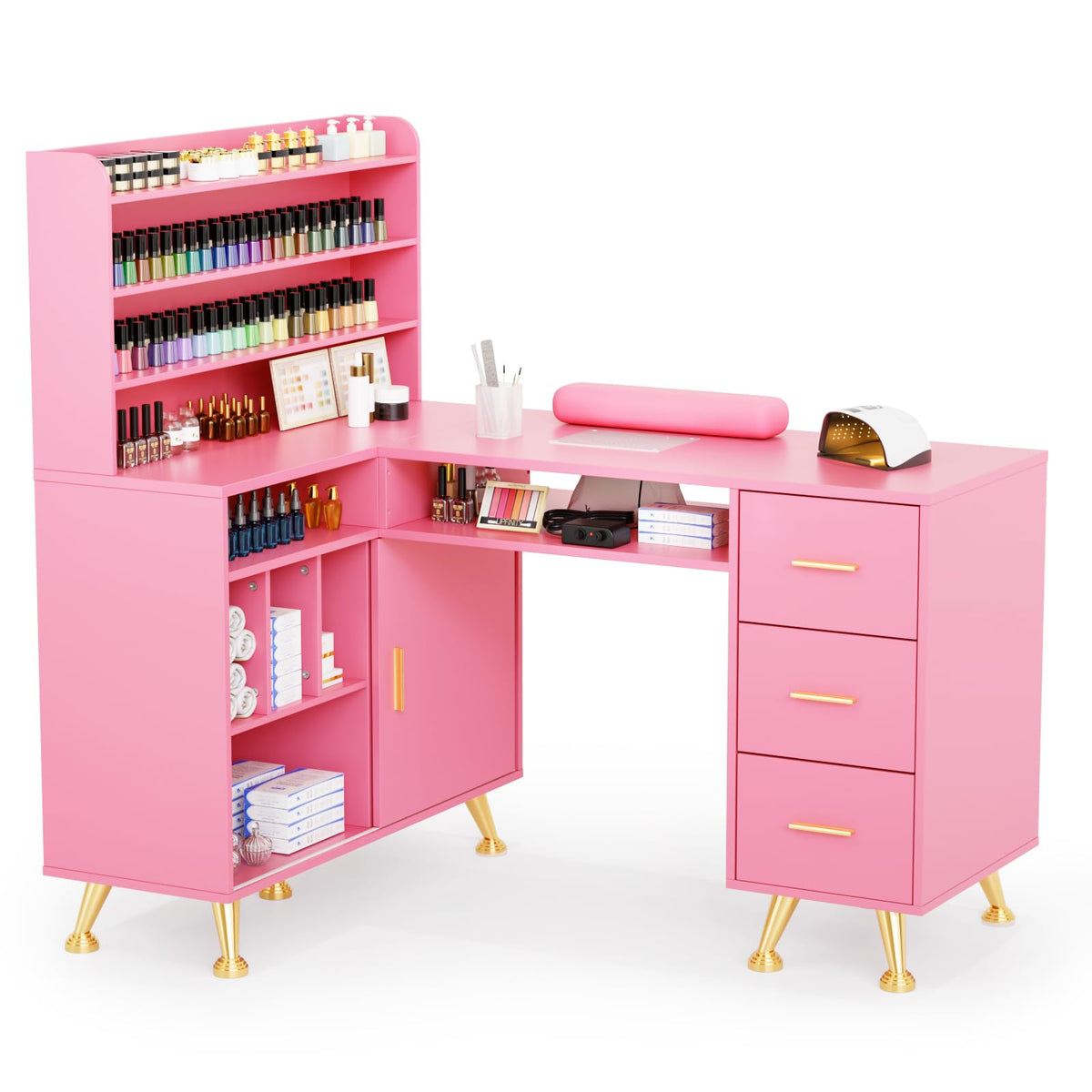 OmySalon MT-LS 52" L Shaped Nail Manicure Table w/Polish Display Rack & Electric Dust Collector & Wrist Rest