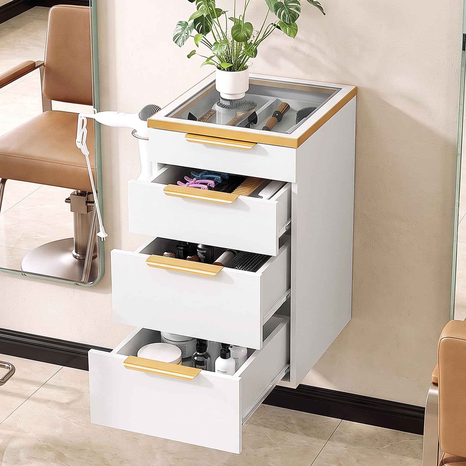 OmySalon WMBCWT Wall Mounted Salon Station with Tempered Glass Top & 4 Drawers Hair Dryer Holder
