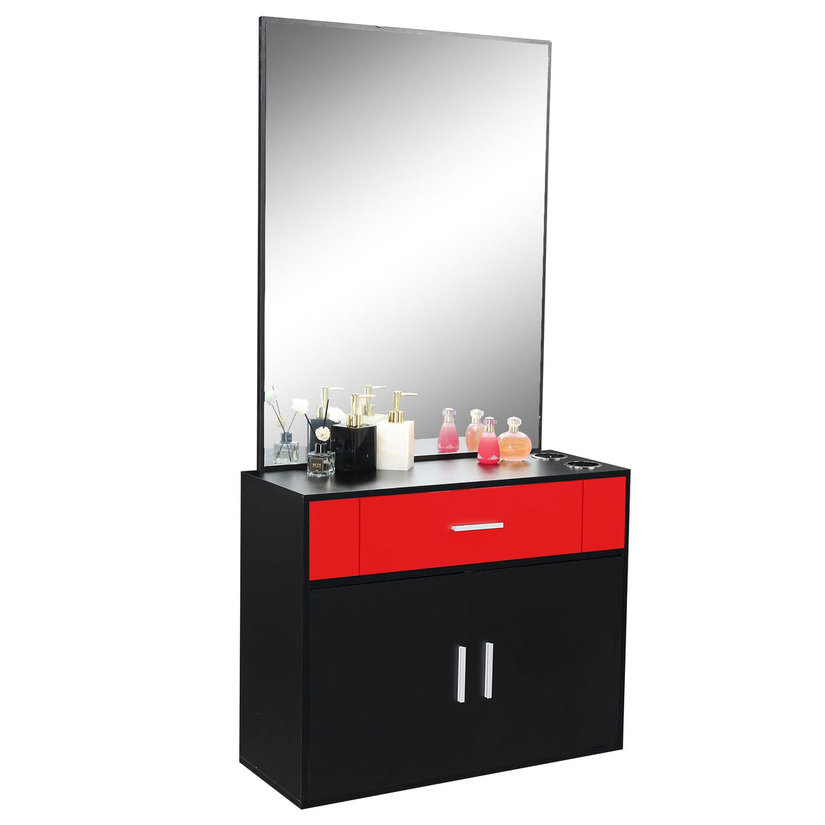 OmySalon Wall Mount Salon Station with Mirror 1 Drawer 1 Storage Cabinet 2 Hair Dryer Holders Black/Black & Red