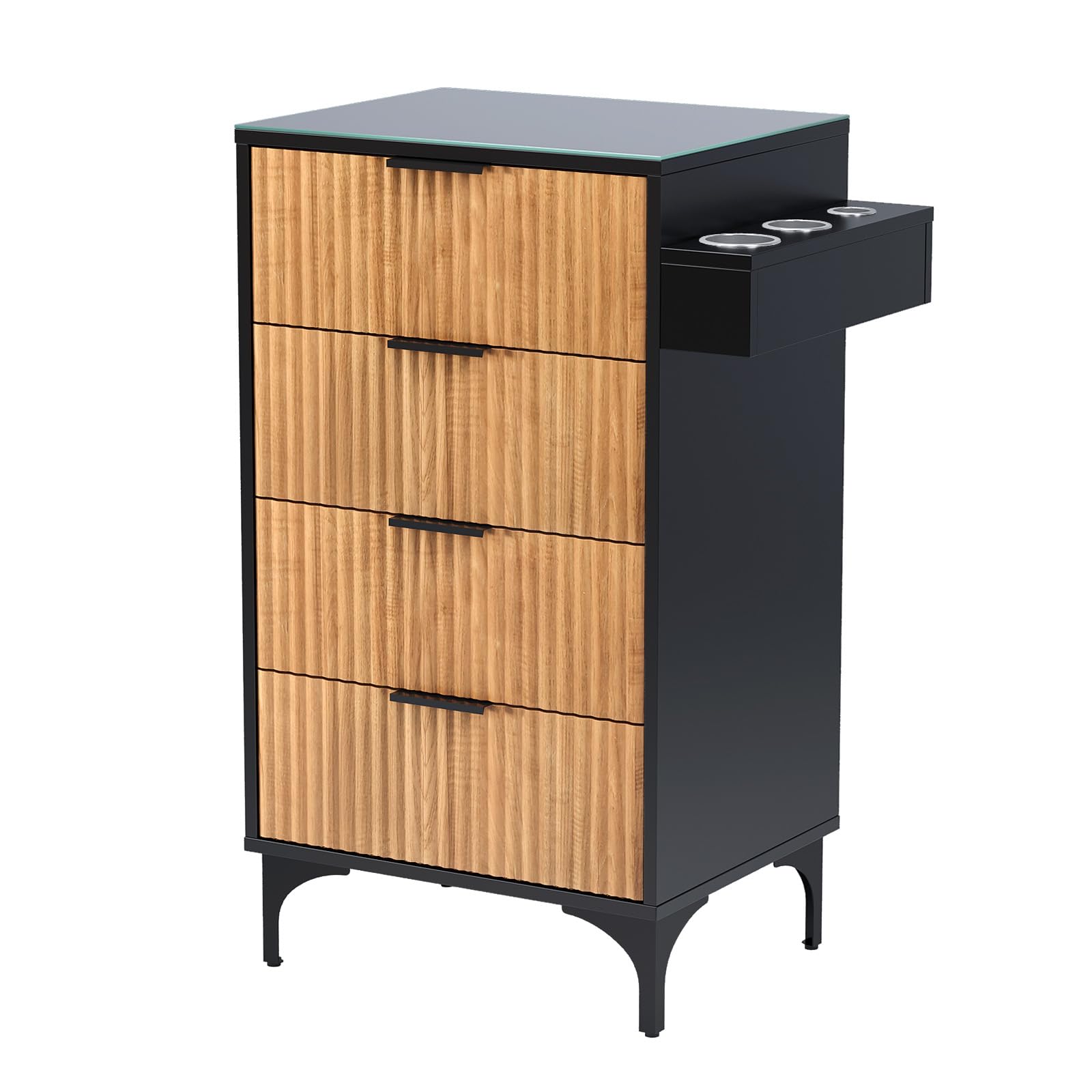 OmySalon SCWFD Modern Retro Style Salon Styling Storage Station Cabinet with Removable Glass Top & 4 Drawers 3 Hot Tool Holders