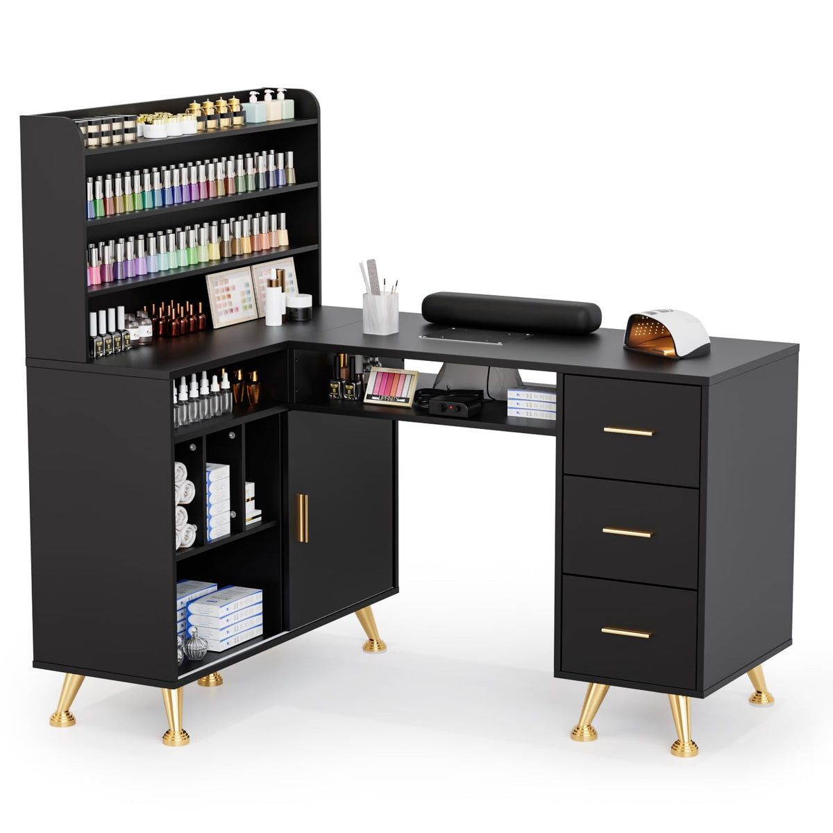 OmySalon MT-LS 52" L Shaped Nail Manicure Table w/Polish Display Rack & Electric Dust Collector & Wrist Rest