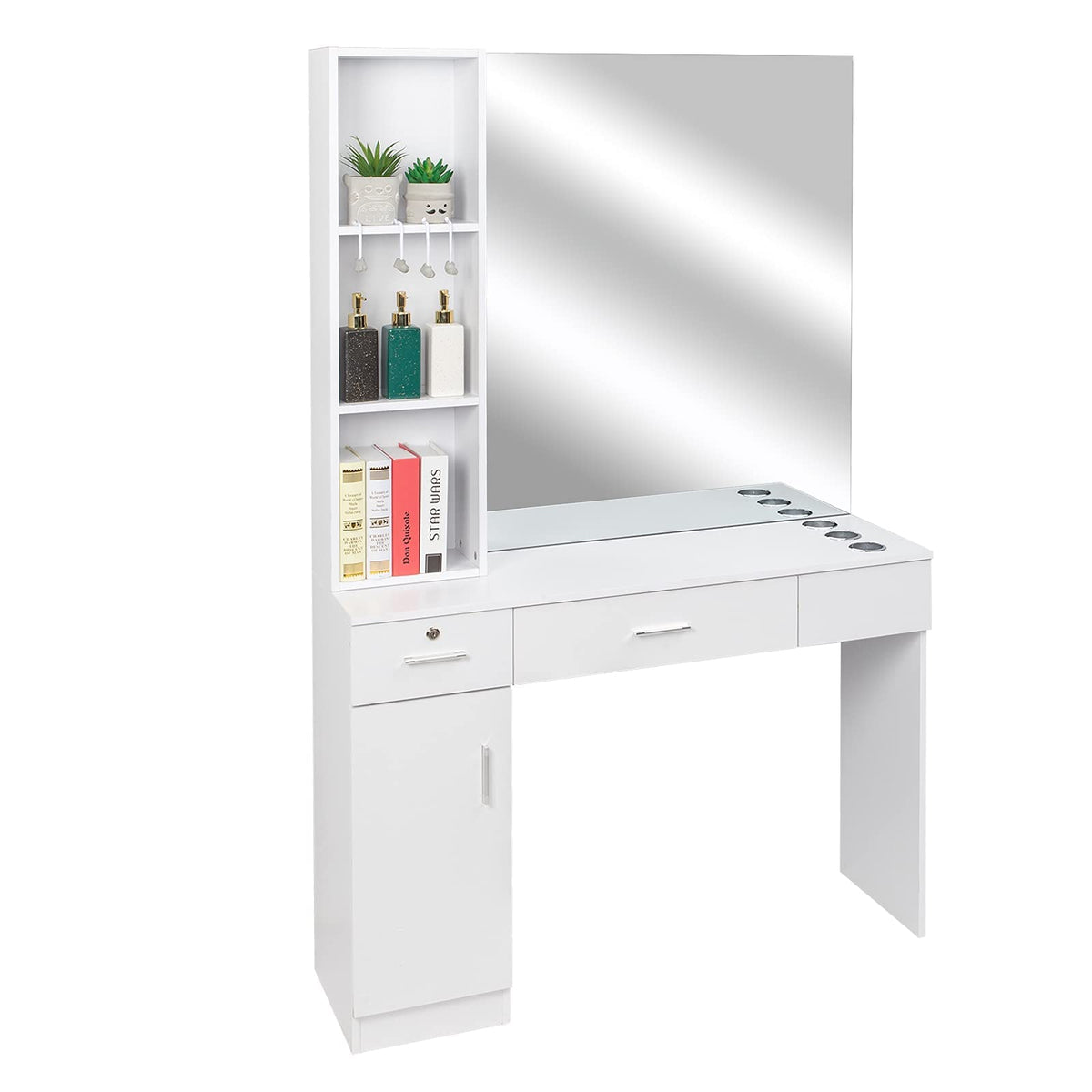 OmySalon HSC-09 Wall Mount Barber Station 2 Drawers 1 Storage Cabinet 3 Open Shelves with Mirror & Support Leg